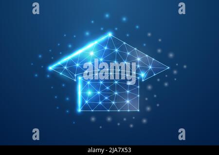 Graduierung Kappe 3D Symbol in blau low poly Stil. E-Learning, Online Learning Design Konzept Vektor Illustration. Bildungskurs polygonale Drahtmodell. Stock Vektor