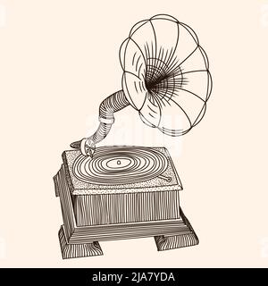 Musikalisches Grammophon zum Spielen von Schallplatten. Handskizze auf beigem Hintergrund. Stock Vektor