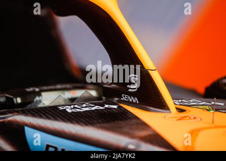 McLaren F1 Team MCL36, mechanisches Detail Senna Tribute während des Formel 1 Grand Prix de Monaco 2022, 7. Lauf der FIA Formel 1 Weltmeisterschaft 2022, auf dem Circuit de Monaco, vom 27. Bis 29. Mai 2022 in Monte-Carlo, Monaco - Foto Antonin Vincent / DPPI Stockfoto