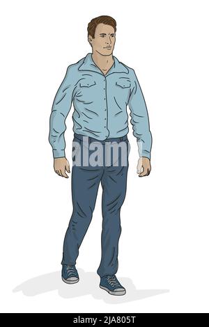 Ein junger Mann mittleren Alters in einem blauen Hemd, Jeans und Turnschuhen geht spazieren. Vektorfigur auf weißem Hintergrund isoliert. Stock Vektor