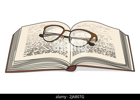 Ein offenes Buch mit Brille isoliert auf weißem Hintergrund. Stock Vektor