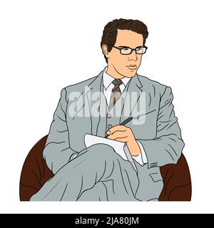 Ein Geschäftsmann in einem Anzug mit Brille sitzt in einem Sessel und macht Notizen in einem Notizbuch. Stock Vektor
