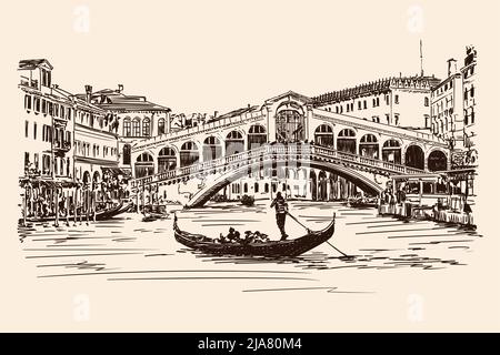 Alte Rialtobrücke über den Canale Grande in Venedig. Vektorzeichnung. Stock Vektor