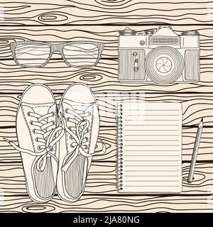 Ein Set von Accessoires für den Reisenden Fotografen auf dem Hintergrund von Holzbrettern. Vektorgrafik auf beigem Hintergrund. Stock Vektor