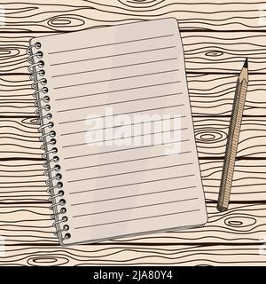 Öffnen Sie das Notizbuch mit einer Spirale und einem einfachen Bleistift. Nahaufnahme von oben. Schnelle Handskizze. Stock Vektor
