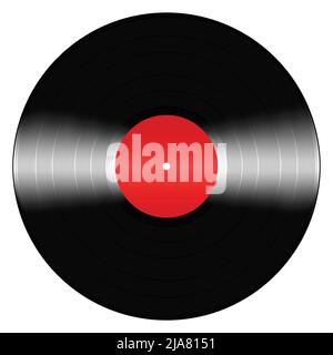 Schwarze Vinyl-Schallplatte mit rotem Label isoliert auf weißem Hintergrund. Stock Vektor