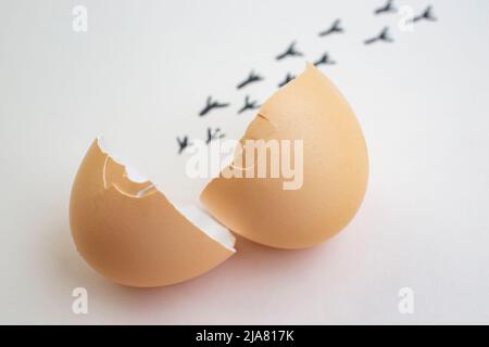 Zerrissene Eierschalen mit Spuren von Kicherfußabdrücken im Hintergrund verschwommen Stockfoto