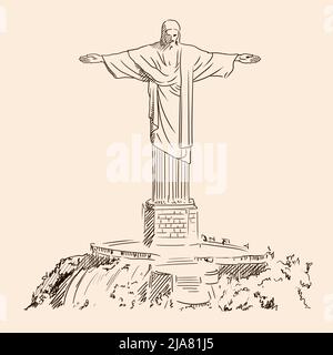 Eine schnelle Handskizze einer großen Statue von Christus dem Erlöser in Rio de Janeiro, Brasilien. Stock Vektor