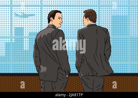 Zwei junge Geschäftsleute in Anzügen stehen im Büro neben dem Fenster, schauen in die Stadt und unterhalten sich. Stock Vektor