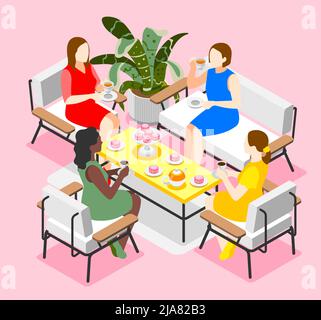 Tee Tag Sammeln Konzept mit Cupand Cakes isometrische Vektor-Illustration Stock Vektor