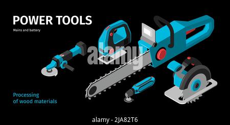 Das horizontale Banner von Power Tools zeigte, wie das Gerät vom Netz aus und mit einer batterieisometrischen Vektordarstellung arbeitet Stock Vektor