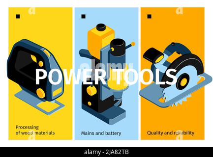 Elektrische Maschine und Werkzeuge vertikale Banner Förderung von Qualität und Zuverlässigkeit in der Verarbeitung mit Holzwerkstoffen isometrische Vektor-Illustration Stock Vektor