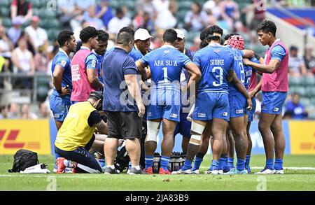 Twickenham, Großbritannien. 28.. Mai 2022. London HSBC World Rugby siebt. Twickenham Stadium. Twickenham. Die Samoa-Runde während des Pool-D-Spiels zwischen Samoa und Japan im Londoner HSBC-Weltrugby siebt. Kredit: Sport In Bildern/Alamy Live Nachrichten Stockfoto