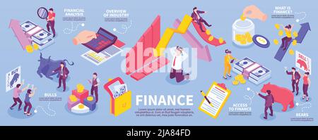 Isometrische Finanzinfografiken mit Stier- und Bärensymbolen der Aktienmarktanalyse Geld 3D-Diagramme und Vektorgrafik menschlicher Charaktere Stock Vektor