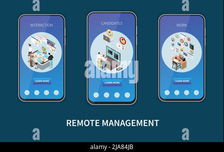 Remote-Management-Interaktion Job Kandidaten Fernarbeit isometrische Reihe von Bannern Smartphone-Vorlagen isoliert 3D Vektor-Illustration Stock Vektor