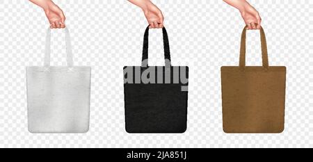 Realistische Tasche Mockup transparent Symbol Set drei Stoffbeutel in der Hand in weiß schwarz und braun Farben Vektor-Illustration Stock Vektor