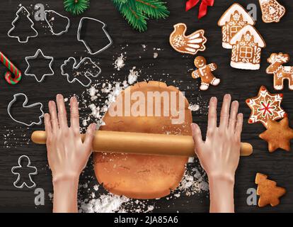 Realistische weihnachtsplätzchen Konditorei die Hände im Rahmen Rollen den Teig für Weihnachtsplätzchen aus und es sind Keksausstecher auf Stock Vektor