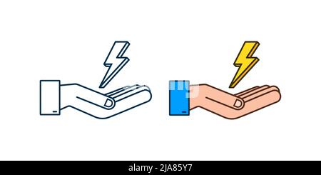 Blitzschlag in den Händen. Donner Bolt, Beleuchtung treffen Know-how. Vektorgrafik. Stock Vektor