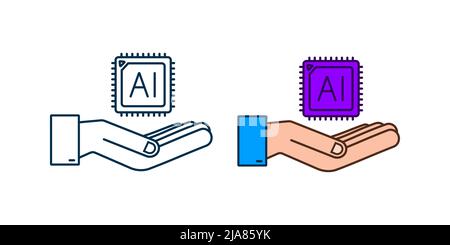 Landing Page für künstliche Intelligenz. AI-Symbol mit Händen. Website-Vorlage für Deep-Learning-Konzept. Vektorgrafik. Stock Vektor