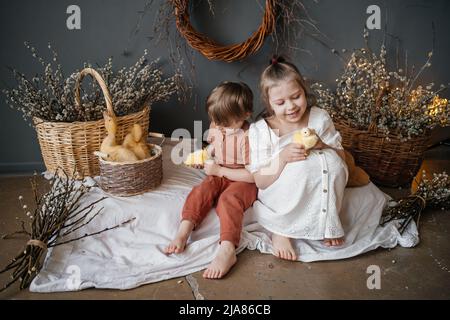 Mädchen mit kleinen Gänsen grauen Hintergrund Weide Öko-Stil Stockfoto