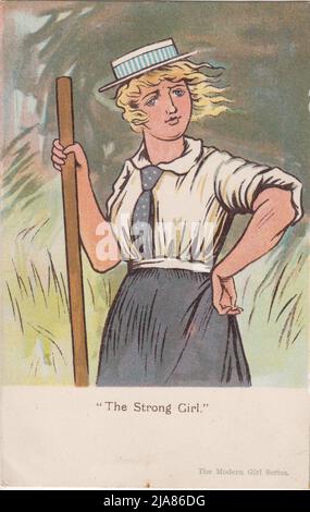 „The Strong Girl“: Karikatur eines Mädchens/einer jungen Frau in Strohboater, Hemd, Krawatte und Rock, die mit einer Hand auf ihrer Hüfte posiert und die andere einen großen Stock oder Stock hält. Das Bild wurde als Postkarte in der „Modern Girl Series“ veröffentlicht und 1905 gepostet Stockfoto