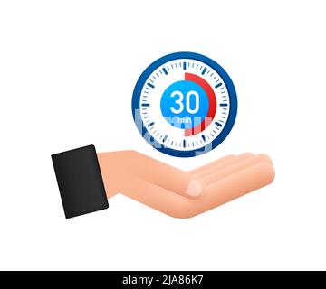 Die 30 Minuten, Stoppuhr mit Zeitsymbol. Stoppuhrsymbol in flacher Ausführung, Timer auf farbigem Hintergrund eingeschaltet. Vektorgrafik. Stock Vektor