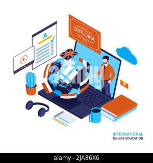 Isometrisches Konzept der internationalen Online-Bildung mit Lehrer auf Laptop-Bildschirm Diplom-Test Papier Student Arbeitsplatz 3D Vektor-Illustration Stock Vektor
