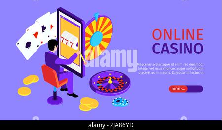 Online Casino horizontale Website Banner mit bearbeitbarem Text Mann spielen Glücksspiel Poker Roulette 3D isometrische Vektor-Illustration Stock Vektor