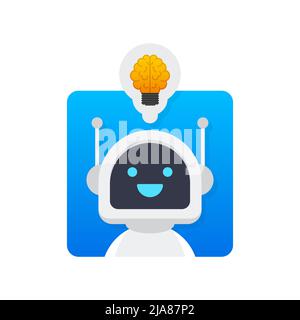 Glühlampe mit Robotersymbol. Lustige Zeichentrickfigur. Business-Symbol. Stock Vektor