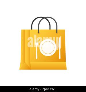 Online-Markt. Flaches Symbol mit Lebensmittelbeutel für Verpackungspapier. Online-Shop. Stock Vektor