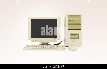 Alte Vintage-Desktop-Computer mit Tastatur und Maus. Altmodischer Desktop-PC. PC im Retro-Stil. Stockfoto