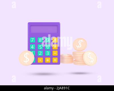 Taschenrechner und Münzsymbol 3D. Finanz-, Geld-Management, Planung, Berechnung der finanziellen Risiko-Symbol. 3D gerenderte Illustration. Stockfoto