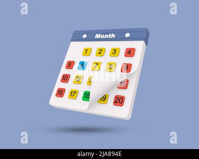 Kalender 3D-Symbol. Monatskalender und Zeitplan Plan Zelt 3D Symbol. Veranstaltungs- oder Urlaubsplanungskonzept. 3D gerenderte Abbildung. Stockfoto