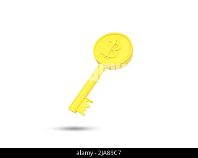 Bitcoin Golden Key 3D-Symbol. Ein Goldschlüssel mit Bitcoin-Zeichen. Konzept des finanziellen Erfolgs. Stockfoto