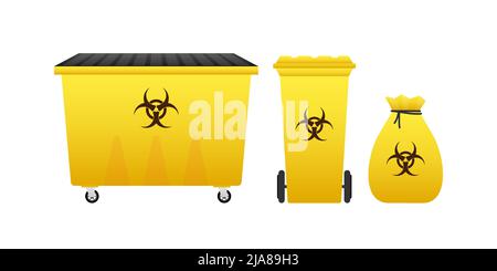 Fässer, Abfallkorb aus Biogefahrenabfällen, radioaktiver Abfall auf weißem Hintergrund. Vektorgrafik. Stock Vektor