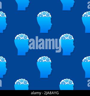 Abstraktes Symbol mit Silhouette Mann Kopf Zahnräder auf blauem Hintergrund Muster. Konzept der psychischen Gesundheit. Geschäftskonzept. Isolierter Vektor. Stock Vektor