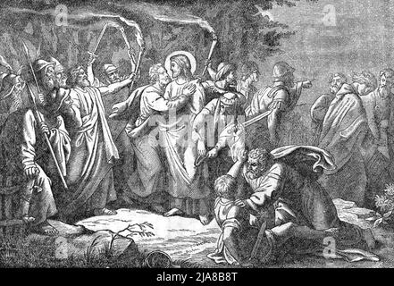 Die Gravur „Judas-Kuss“ zeigt Judas' identifizierenden Kuss im Garten Gethsemane Stockfoto