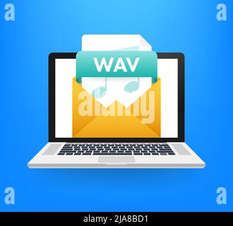 Download WAV-Taste auf Laptop-Bildschirm. Dokumentkonzept wird heruntergeladen. Datei mit WAV-Label und Pfeil nach unten. Stock Vektor