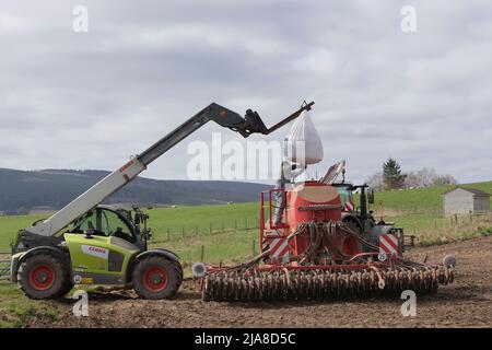 Ein Landwirt füllt einen Horsch Universal Seed Drill aus einem Sack Samen eines Händlers, der von einem Claas Telehandler in einem gepflügten Feld aufgehängt wird Stockfoto