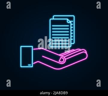 Dokumente in flacher Form in den Händen. Vektordesign. Business-Symbol. Neondesign. Stock Vektor