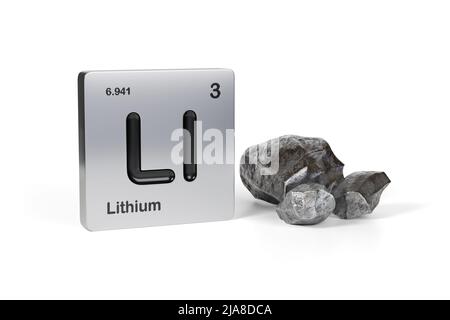 Lithium-Element-Symbol aus dem Periodensystem in der Nähe von metallischem Lithium auf weißem Hintergrund isoliert. 3D Abbildung. Stockfoto