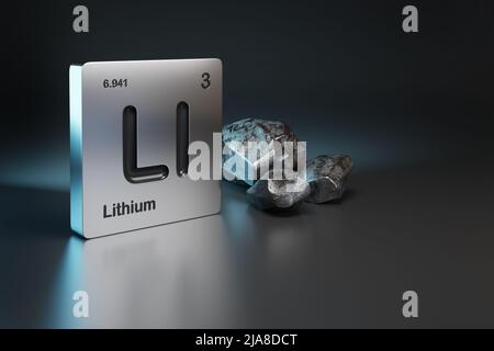 Lithium-Element-Symbol aus dem Periodensystem in der Nähe von metallischem Lithium mit Kopierraum. 3D Abbildung. Stockfoto