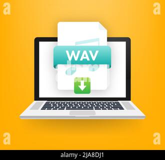 Download WAV-Taste auf Laptop-Bildschirm. Dokumentkonzept wird heruntergeladen. Datei mit WAV-Label und Pfeil nach unten. Stock Vektor