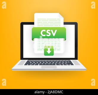 CSV-Taste auf Laptop-Bildschirm herunterladen. Dokumentkonzept wird heruntergeladen. Datei mit CSV-Label und Pfeil nach unten. Vektorgrafik. Stock Vektor