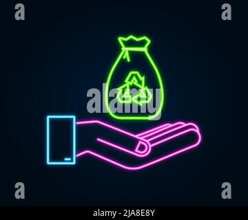 Neon Müllbeutel in Händen Symbol. Müllbeutel. Vektorgrafik. Stock Vektor