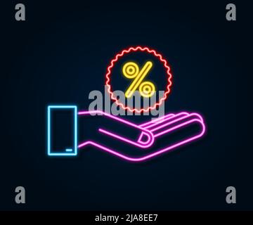 Neon-Ikone in den Händen im Stil von 3D. Vektorzeichnung. Prozentzeichen. Vektorsymbol. Stock Vektor