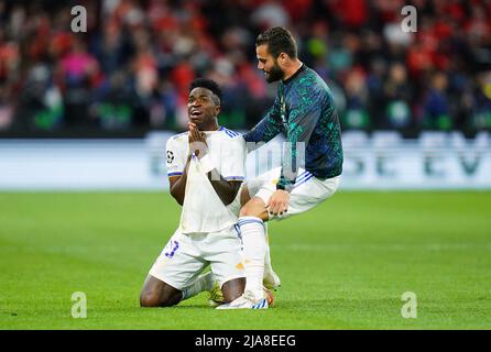 Jose Vinicius Junior von Real Madrid reagiert nach dem letzten Pfiff des UEFA Champions League Finales im Stade de France, Paris. Bilddatum: Samstag, 28. Mai 2022. Stockfoto