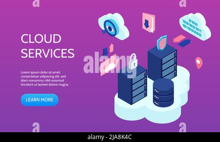 Cloud-Technologie horizontales Banner mit Cloudservices-Symbolen isometrische Vektordarstellung Stock Vektor