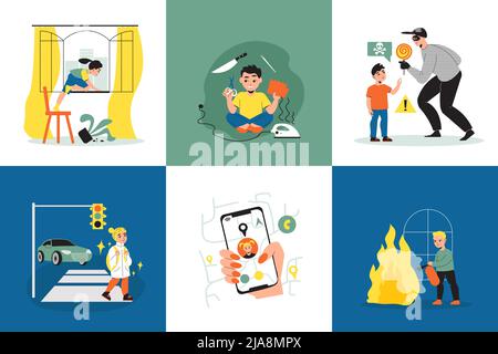 Kindersicherheit Design-Konzept Satz von sechs quadratischen Symbole, die verschiedene gefährliche Situationen mit Kindern zu Hause und Straße flach Vektor-Illustration Stock Vektor