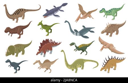 Set mit isolierten Symbolen von Dinosauriern mit isometrischen Bildern von Reptilien alter Bestien auf leerem Hintergrund Vektorgrafik Stock Vektor